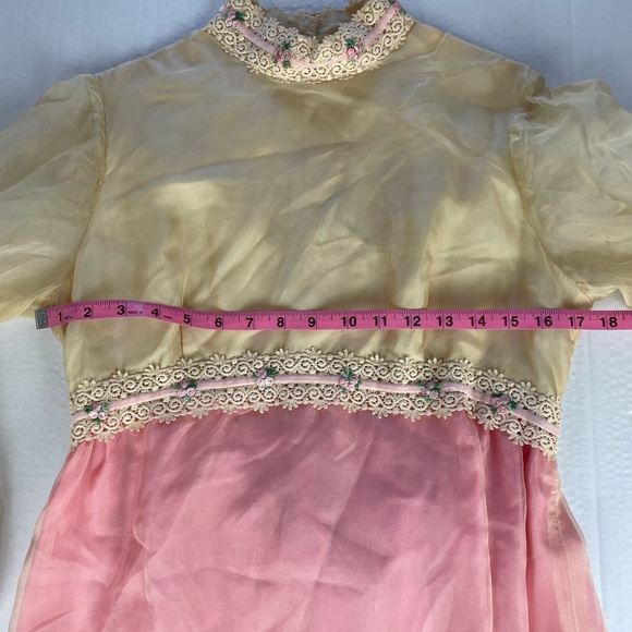 Vintage 60s 70s Empire Gown White Pink Organza Lace Ribbon Trim Formal Dress - Picture 14 of 16